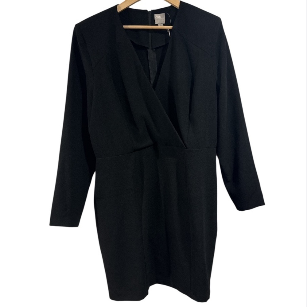ASOS dress black v neck faux wrap style at chest long sleeve NEW size 14 career